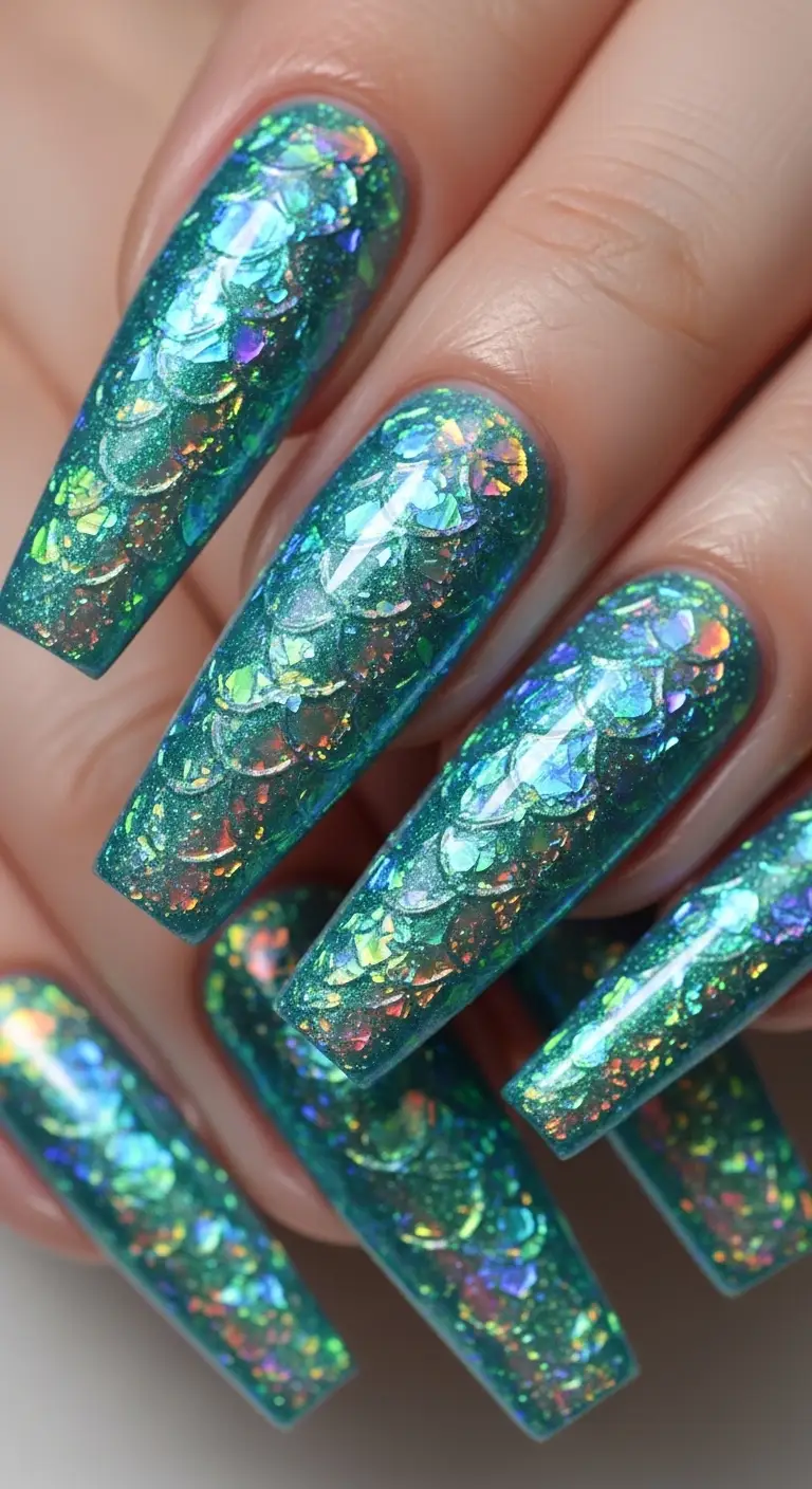 Holographic Flake Mermaid Coffin Nails