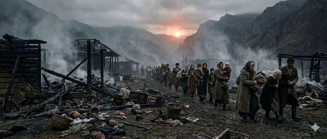 Circassian families walking through burned village ruins, scorched earth campaign 1864