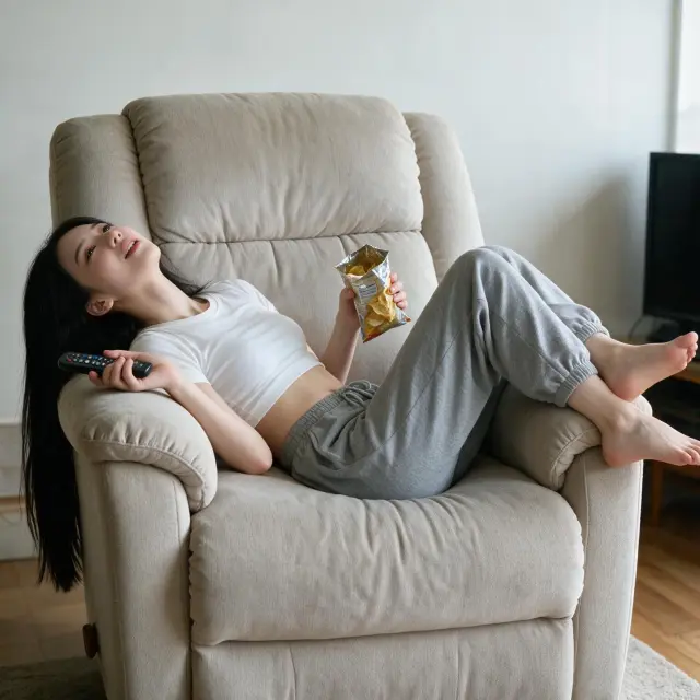 Lying in a TV armchair, head tilted back, legs crossed over the armrests, barefoot, remote control in one hand, a bag of chips in the other hand, wearing a white crop shirt and grey jogging pants.