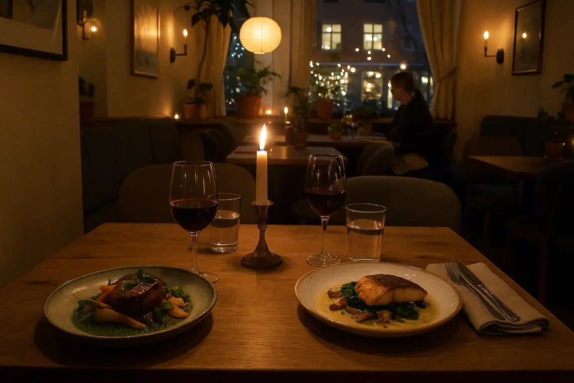 Hyggeligt bord dækket op på en Aarhus-restaurant med stearinlys og madretter.