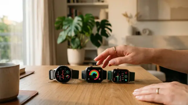 Three modern smartwatches on wooden desk with hand reaching to compare them