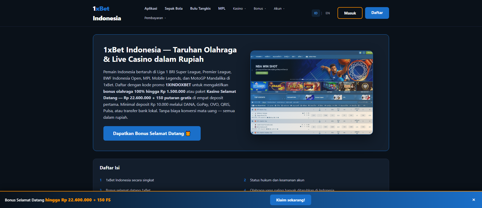 Forensic screenshot of 1xbetindonesia.bet showing the phishing page layout