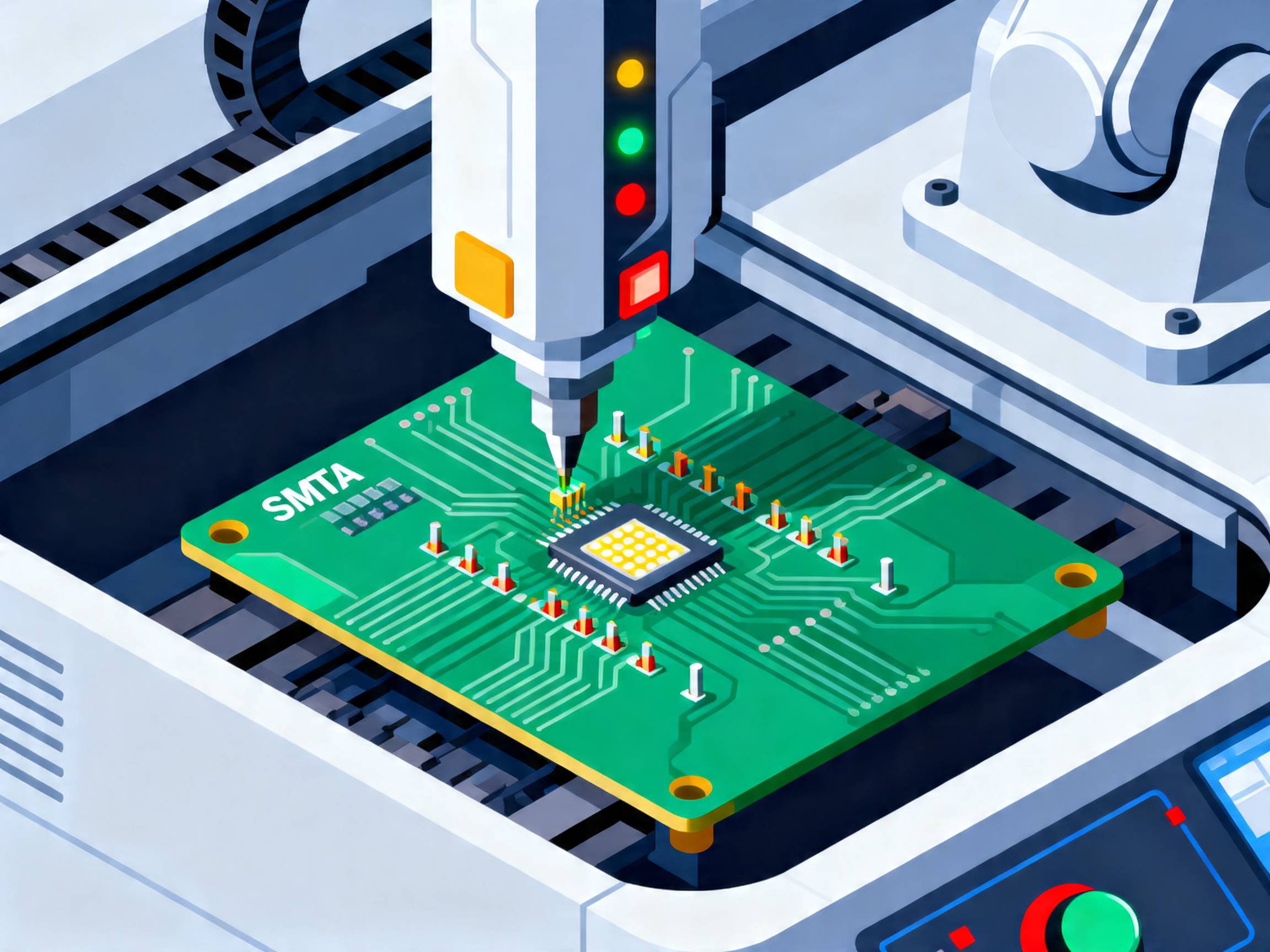 Futuristic SMT machine assembling components.