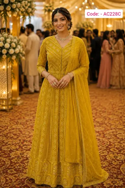Yellow color embroidered anarkali suit