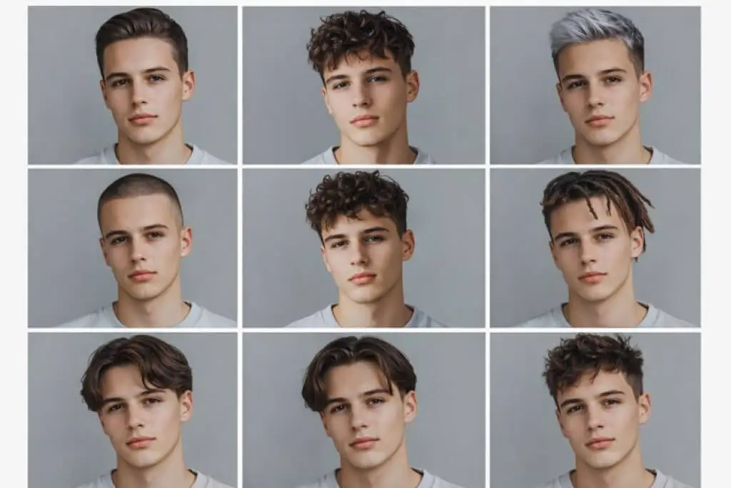 AI Hairstyle Transformation 9-Grid: Old Money, TikTok Fringe, Silver Undercut & Curly Top — Same Face, 9 Styles