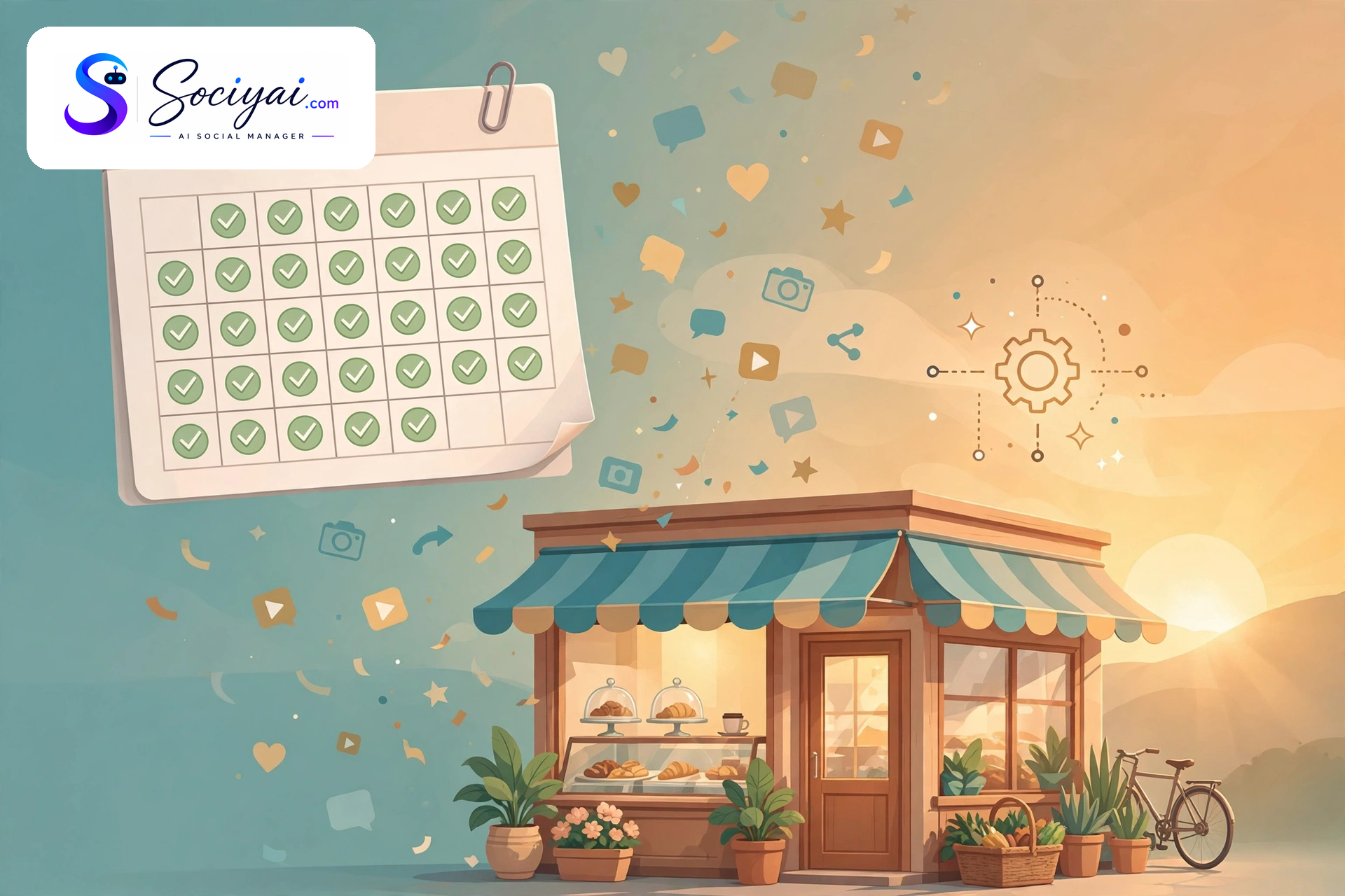 Illustration of a cozy local storefront at sunrise with a calendar showing a full month of daily posting checkmarks and social icons floating above