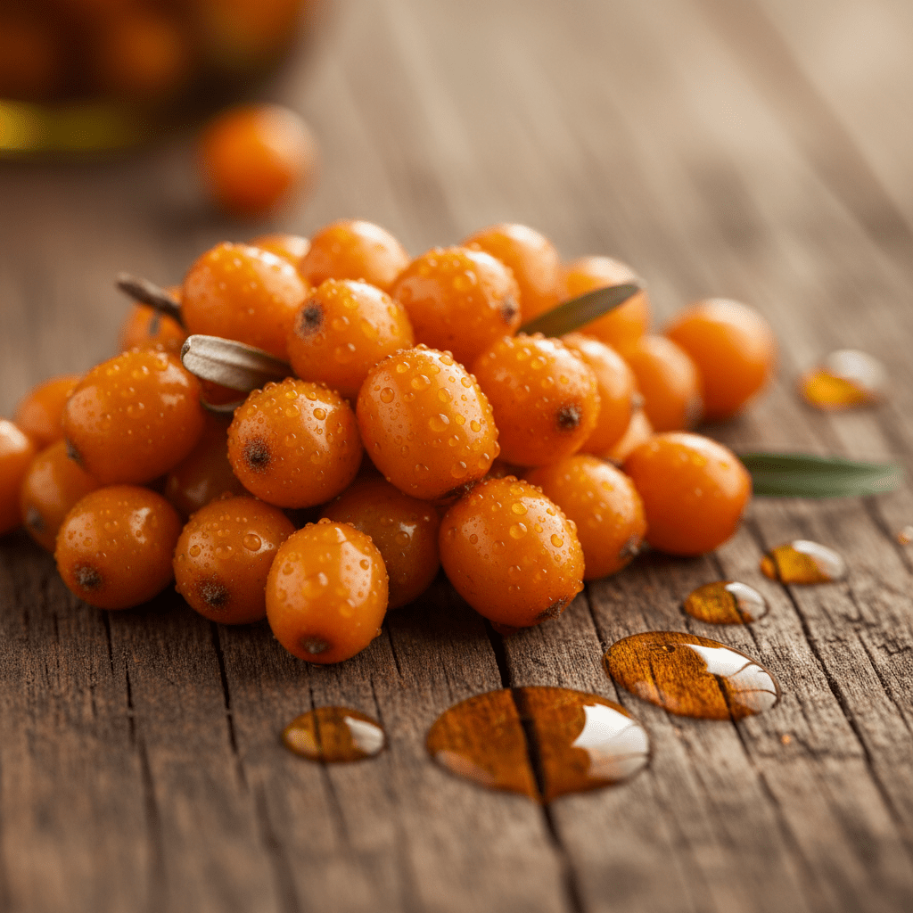 Sea buckthorn berries and oil droplets on a rustic wellness table