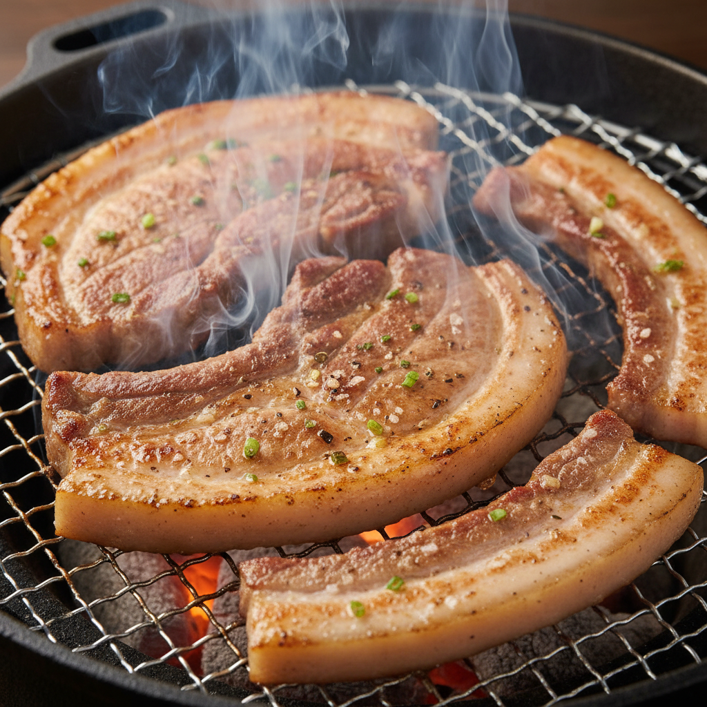 숯불 위에서 노릇하게 구워지는 난축맛돈 뼈등심과 삼겹살의 먹음직스러운 근접 촬영