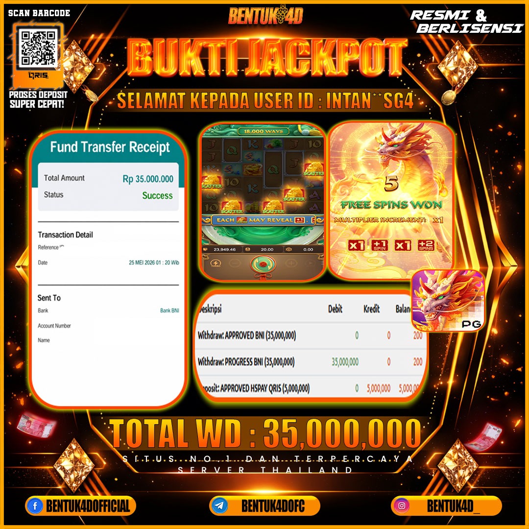 SELAMAT KEPADA USER ID : INTAN**SG4 KEMENANGAN Rp 35,000,000 (WAYS OF THE QILIN) DI BENTUK4D