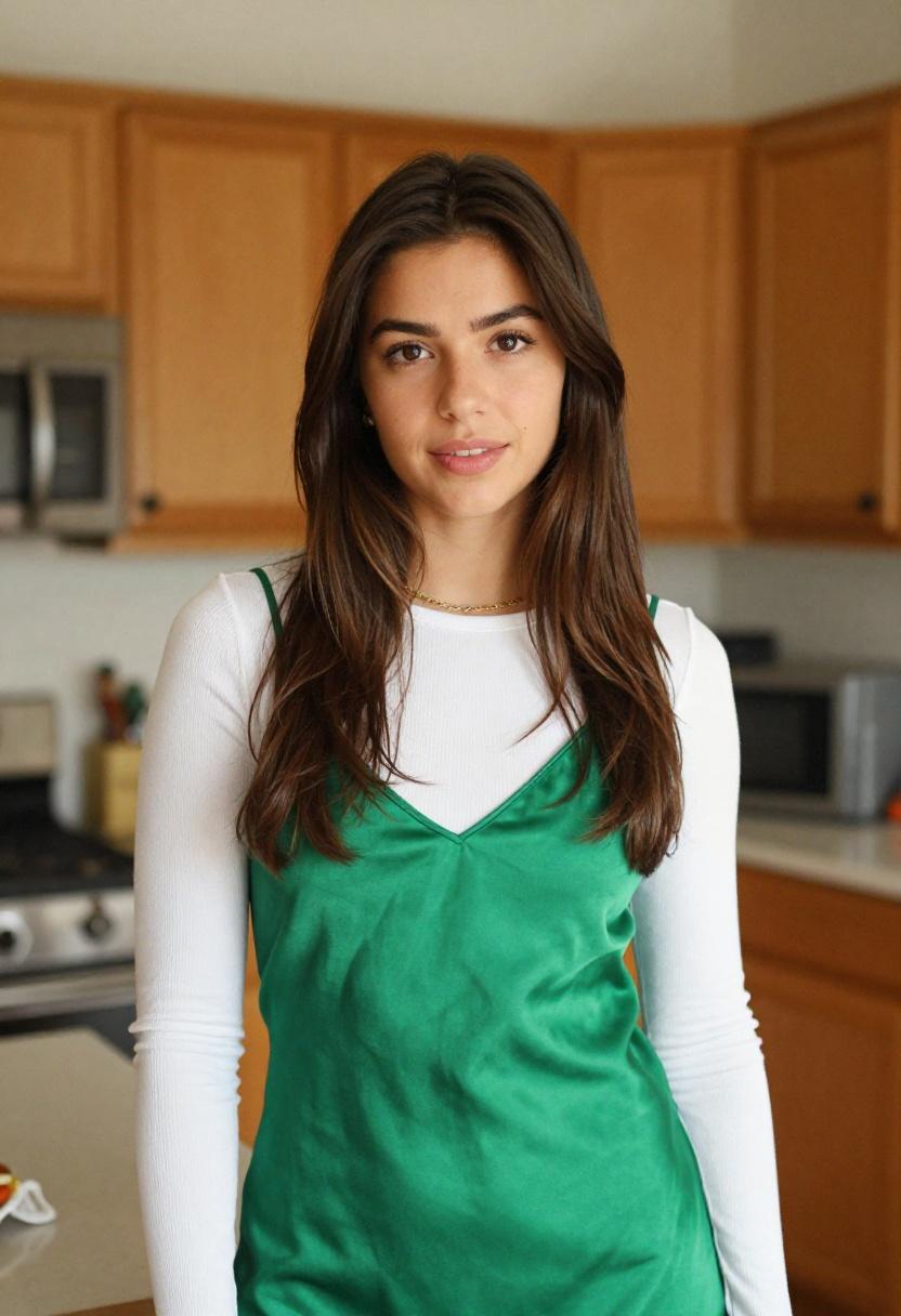 Emerald satin slip dress over white ribbed top for cooking date night