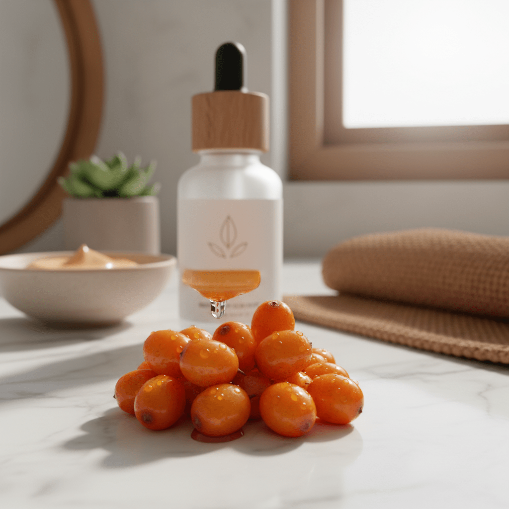 Sea buckthorn berries and oil on a bathroom counter