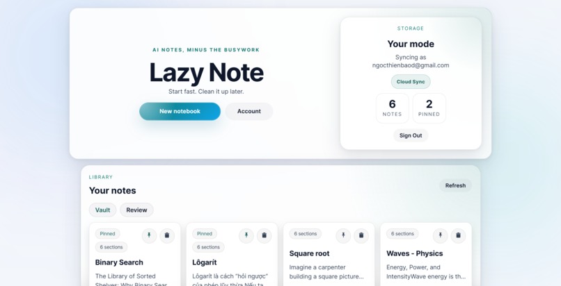 Lazy Note landing page preview