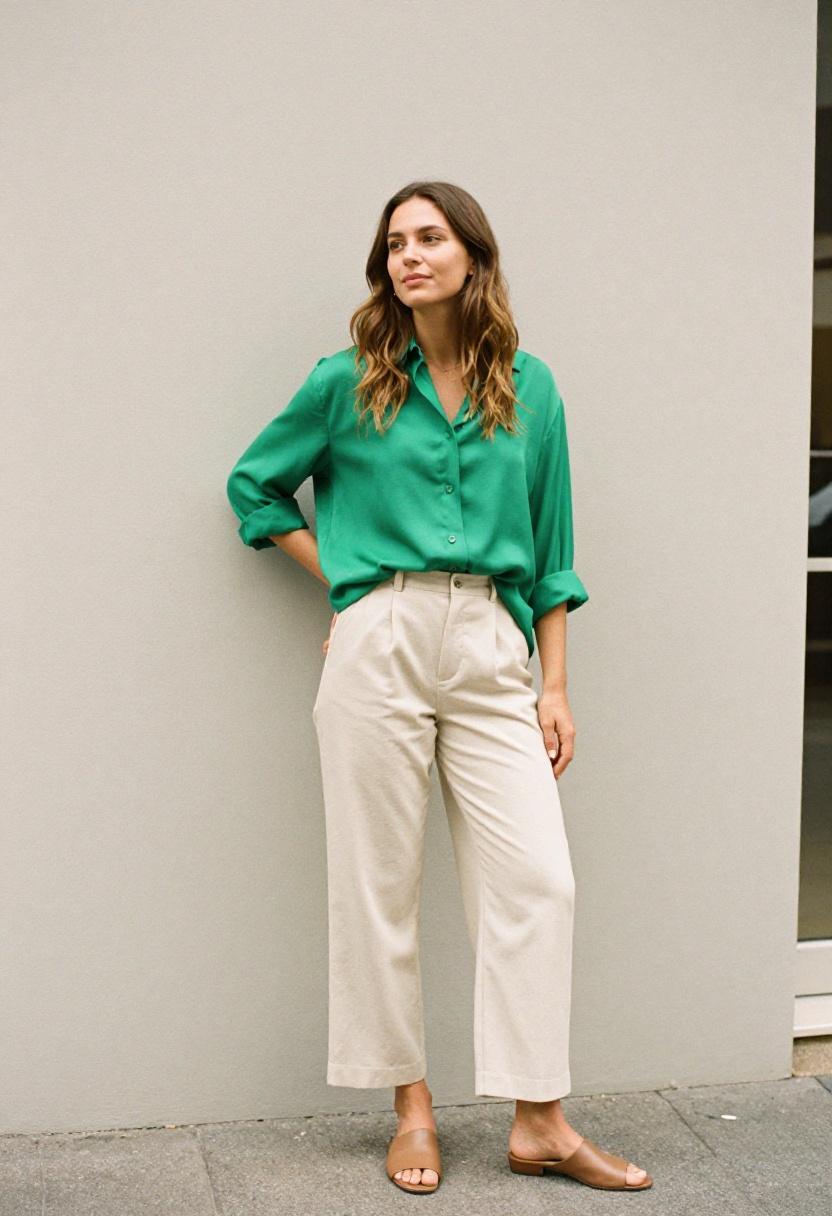 Emerald green silk shirt tucked into wide-leg cream trousers creative casual