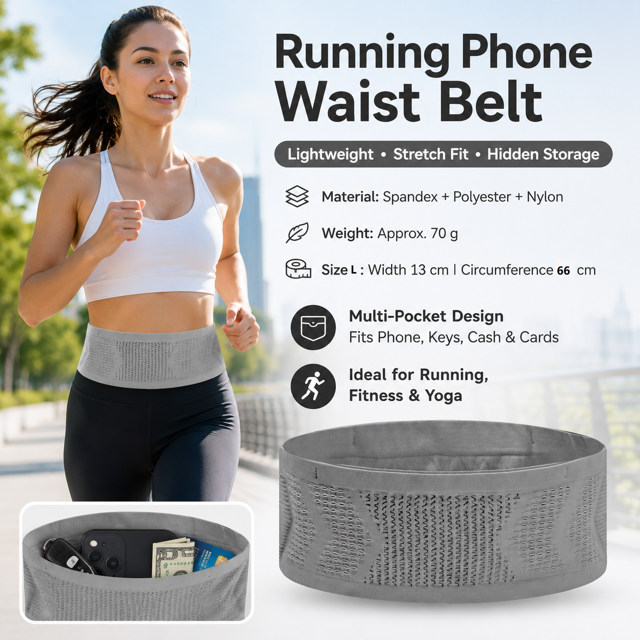 Grey L Size Running Waist Belt - High Stretch Spandex Nylon Blend, 360-Degree Storage Pocket, Breathable Mesh Design for Running and Gym Use