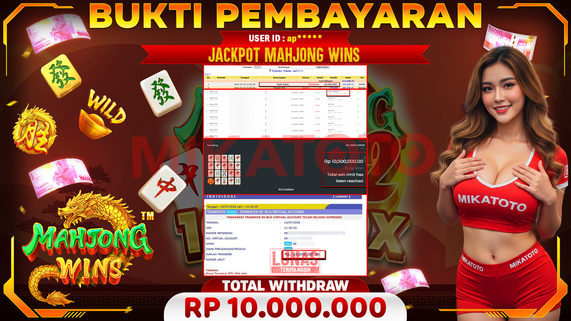 🏆 SELAMAT KEPADA PEMENANG JACKPOT DI Mahjong Wins - Pragmatic Play 10,000,000🏆