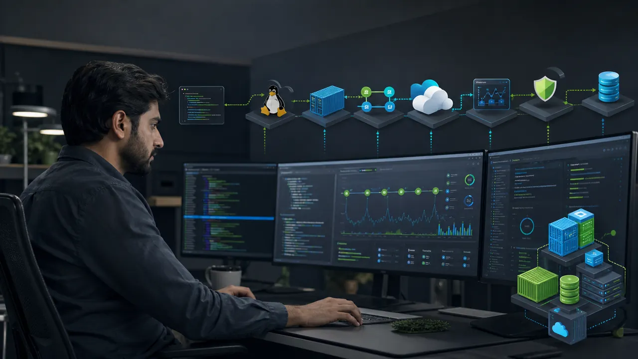 DevOps cloud course roadmap connecting Linux Docker CI CD monitoring and AWS