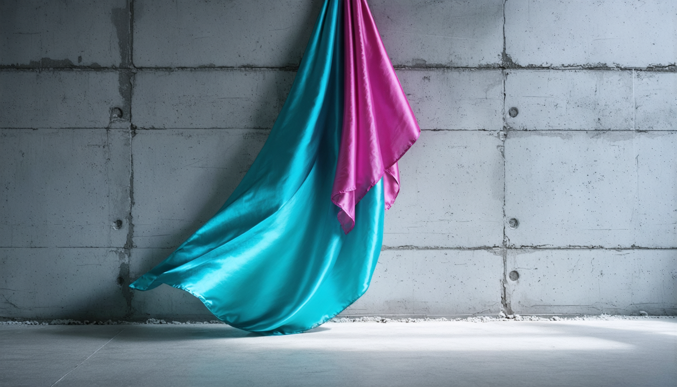 A silk handkerchief floating unsupported against a concrete wall, casting a shadow far larger than itself.