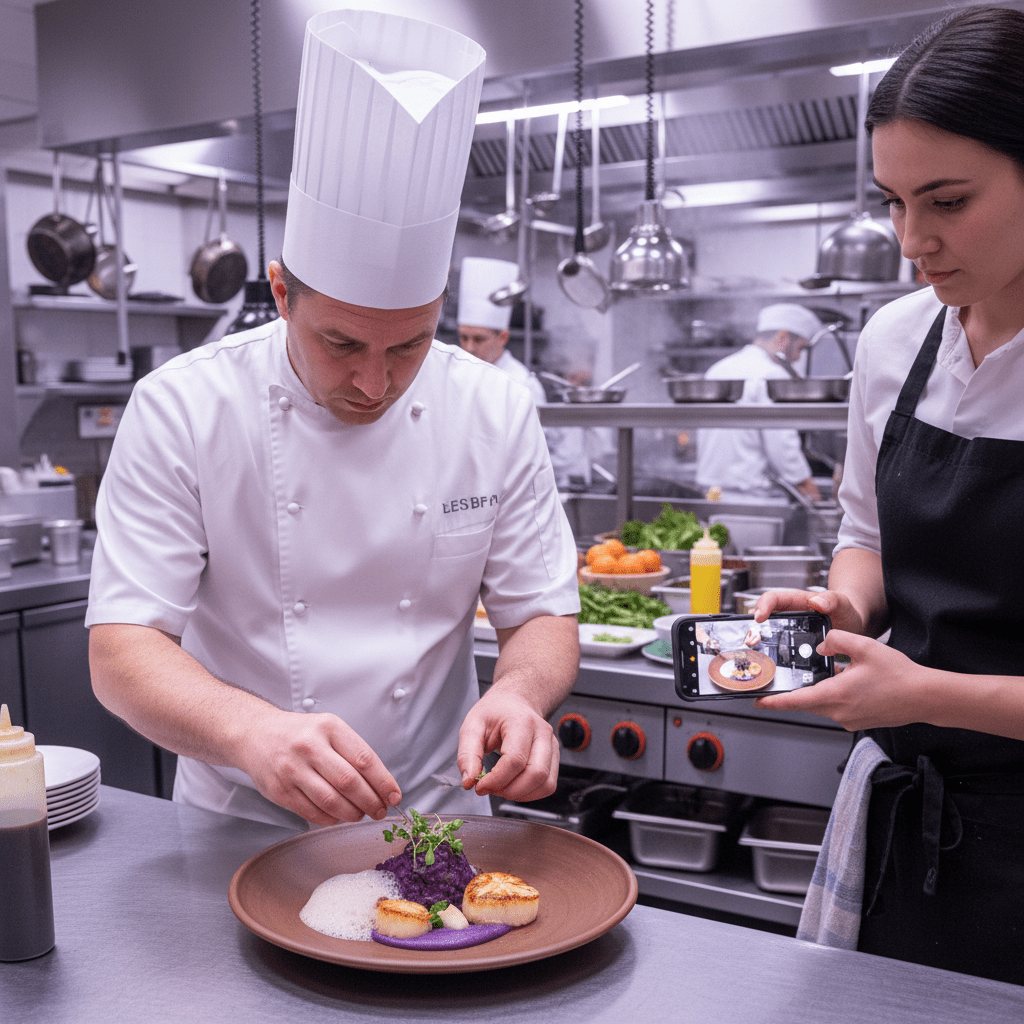 Chef and staff creating behind-the-scenes hospitality content in a restaurant kitchen