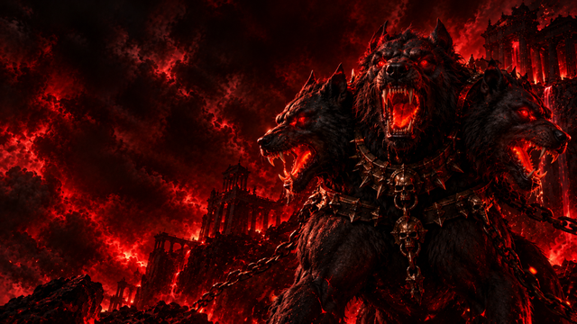 Three-Headed Hellhound Over Infernal Ruins