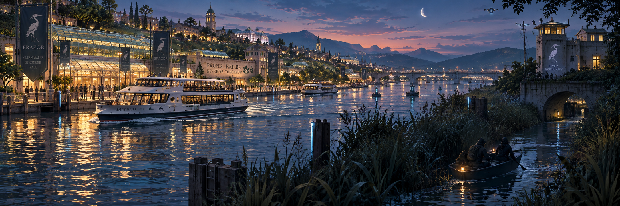 The Brazor River at blue hour with public ferry traffic and hidden movement through a reed-lined side channel