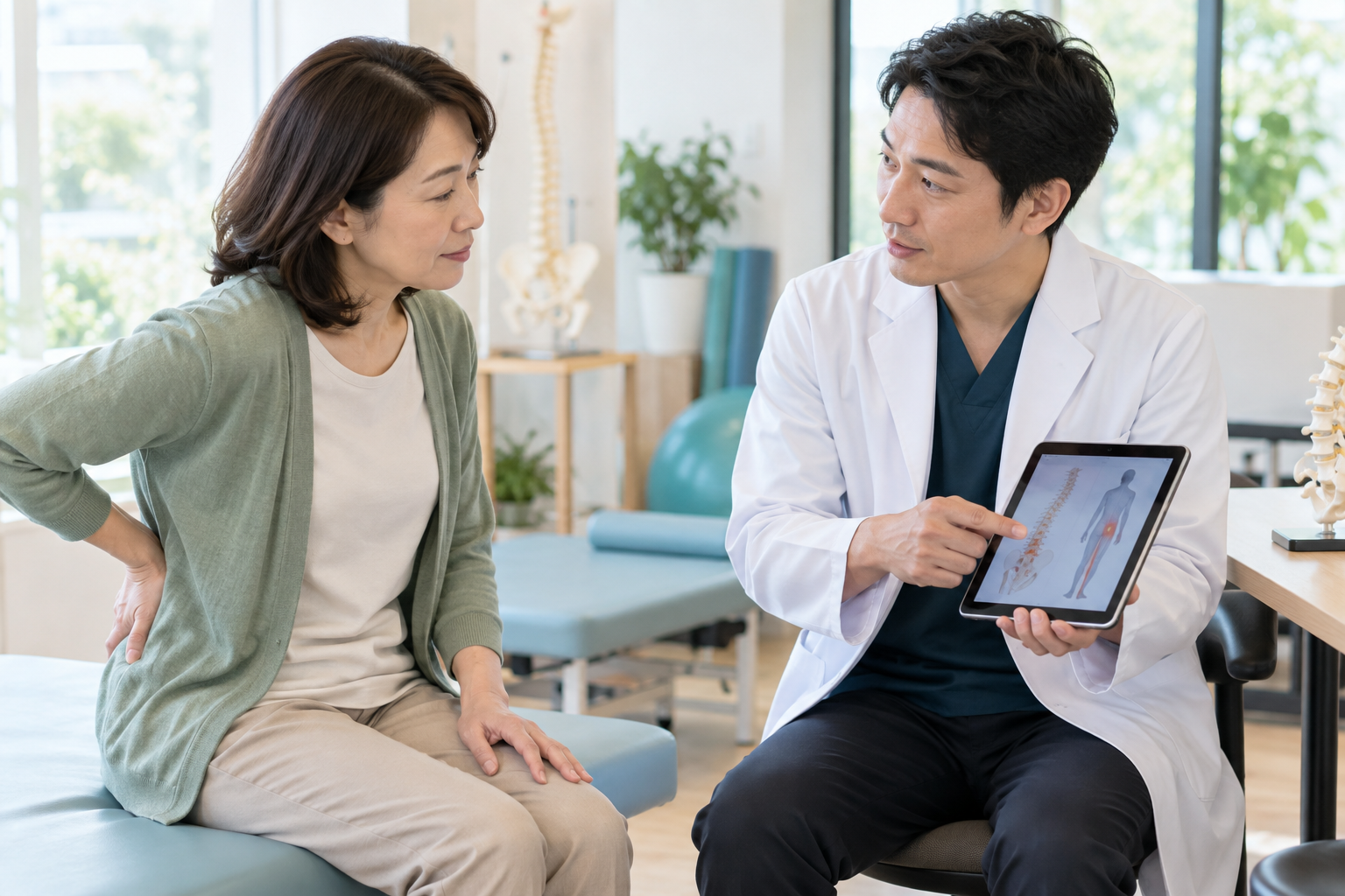 腰や脚の症状について医療職と相談する場面