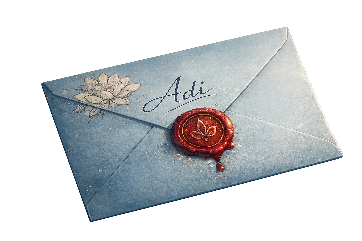 A small blue envelope addressed to Adi