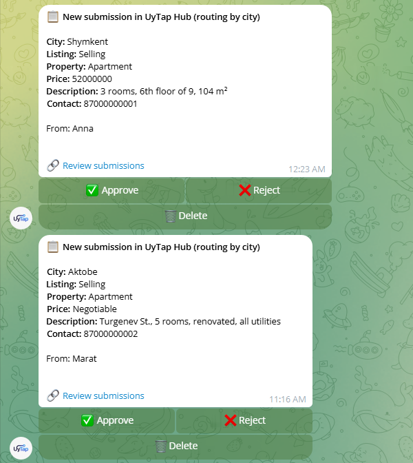 An example of two submission cards in Telegram: the submission data and the buttons Approve, Reject and Delete