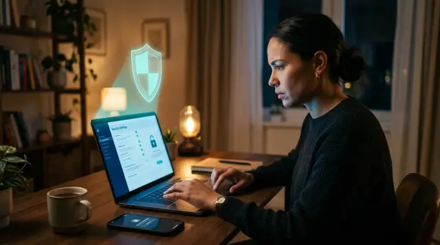 Person at home desk reviewing laptop security settings with protective shield glow, focused and empowered mood