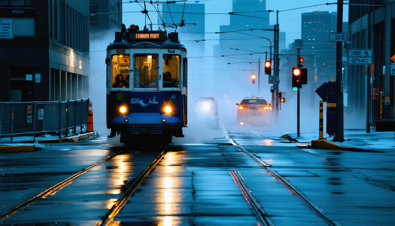 A streetcar at night stopped at an empty intersection, cold air visible around its doors, city lights blurred in the background.
