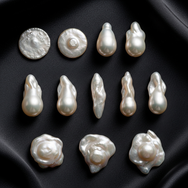 O compoziție artistică, fotografică, de tip flat-lay, care prezintă o varietate de perle baroce în forme diferite: monedă, lacrimă, baston și forme libere. Perlele sunt aranjate elegant pe o țesătură de mătase de culoare închisă, iar lumina soft accentuează luciul iridescent și suprafețele lor unice și neregulate. Stilul este minimalist și luxos.