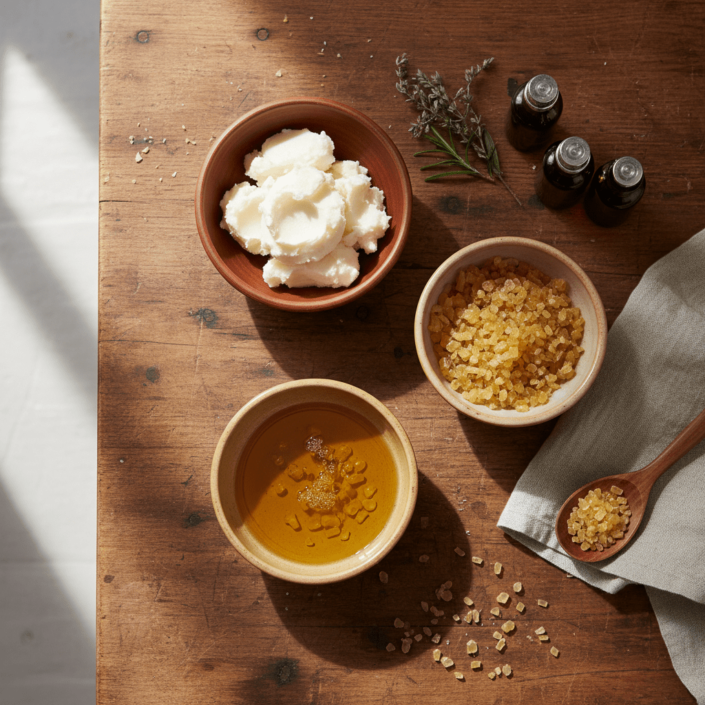 DIY beeswax hair pomade ingredients arranged in a clean workspace