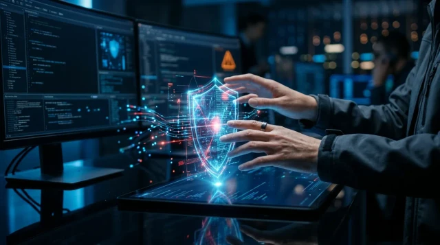 Analyst's hands interacting with glowing holographic security interface in dark moody workspace