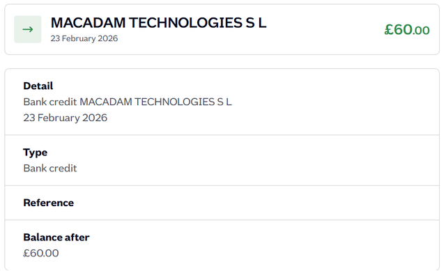 Macadam payment proof