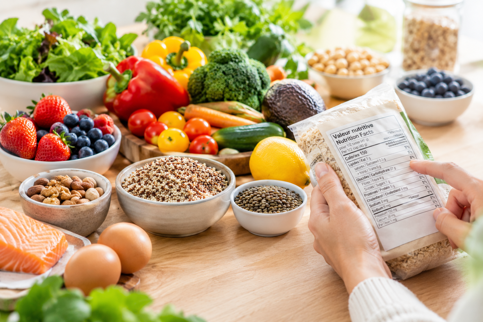 Femme attentive lisant les informations nutritionnelles et la liste d'ingrédients sur l'emballage d'un produit alimentaire en supermarché