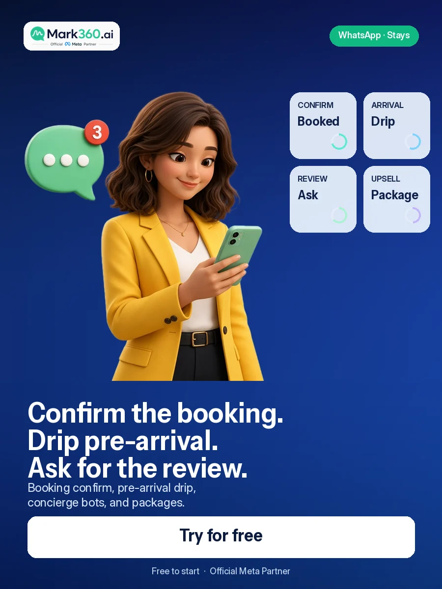 WhatsApp for Hotels: Pre-Arrival Drip, Concierge Chatbots & Package Broadcasts — Try Mark360 free