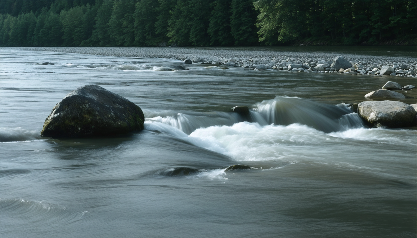 A shallow river moving around a large smooth boulder, water blurred by long exposure, grey morning light.
