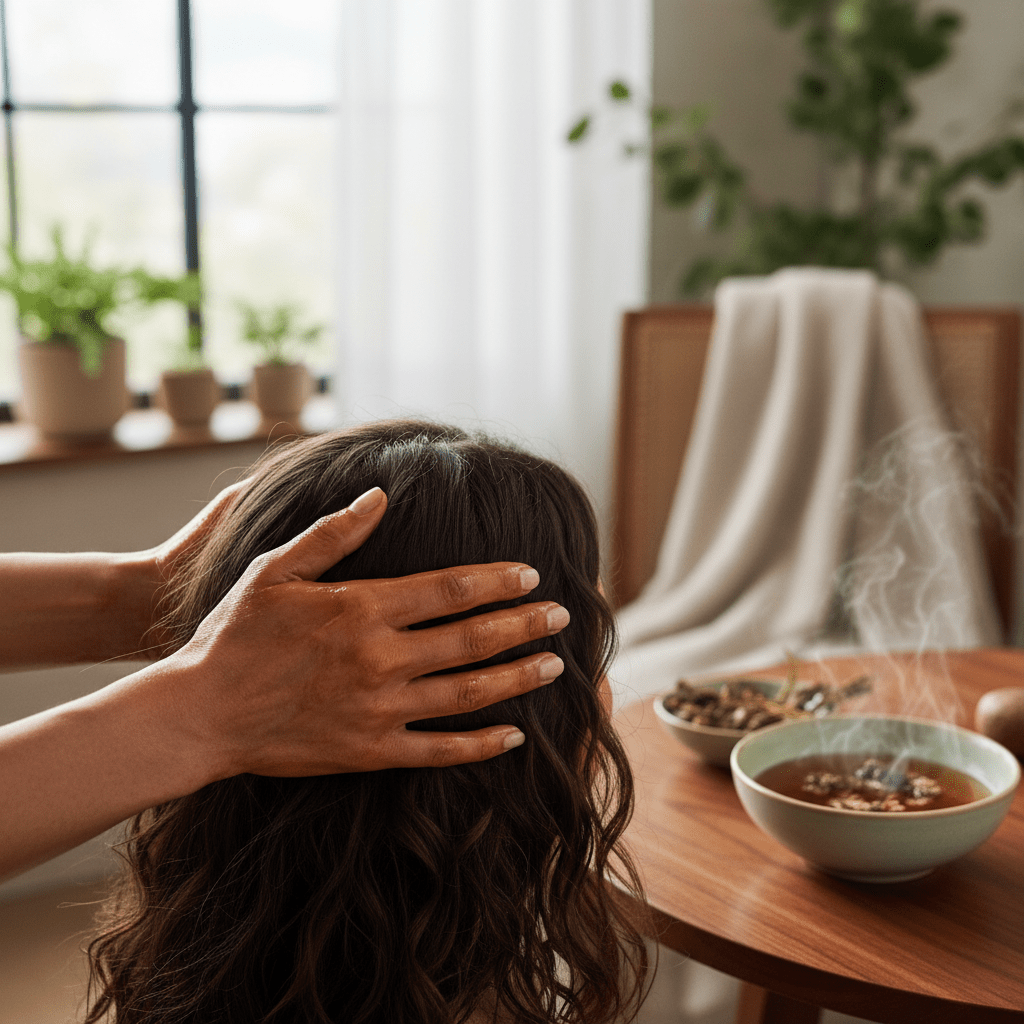 Herbal scalp oil treatment in action: hands massaging warm herbal oil into scalp, healthy hair care routine, spa-like setting, soft natural light