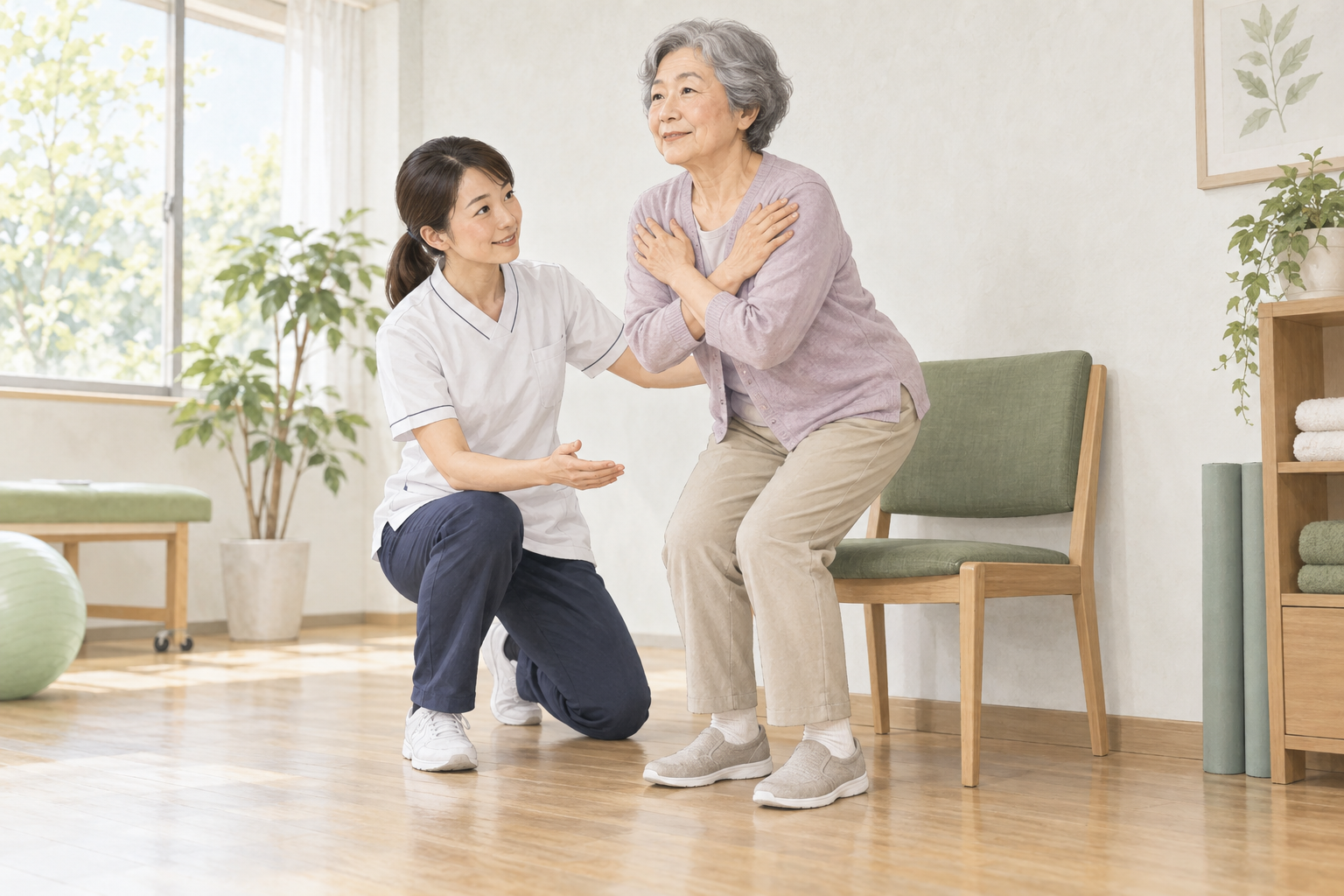 安定した椅子と見守りのもとで立ち座りを確認する場面