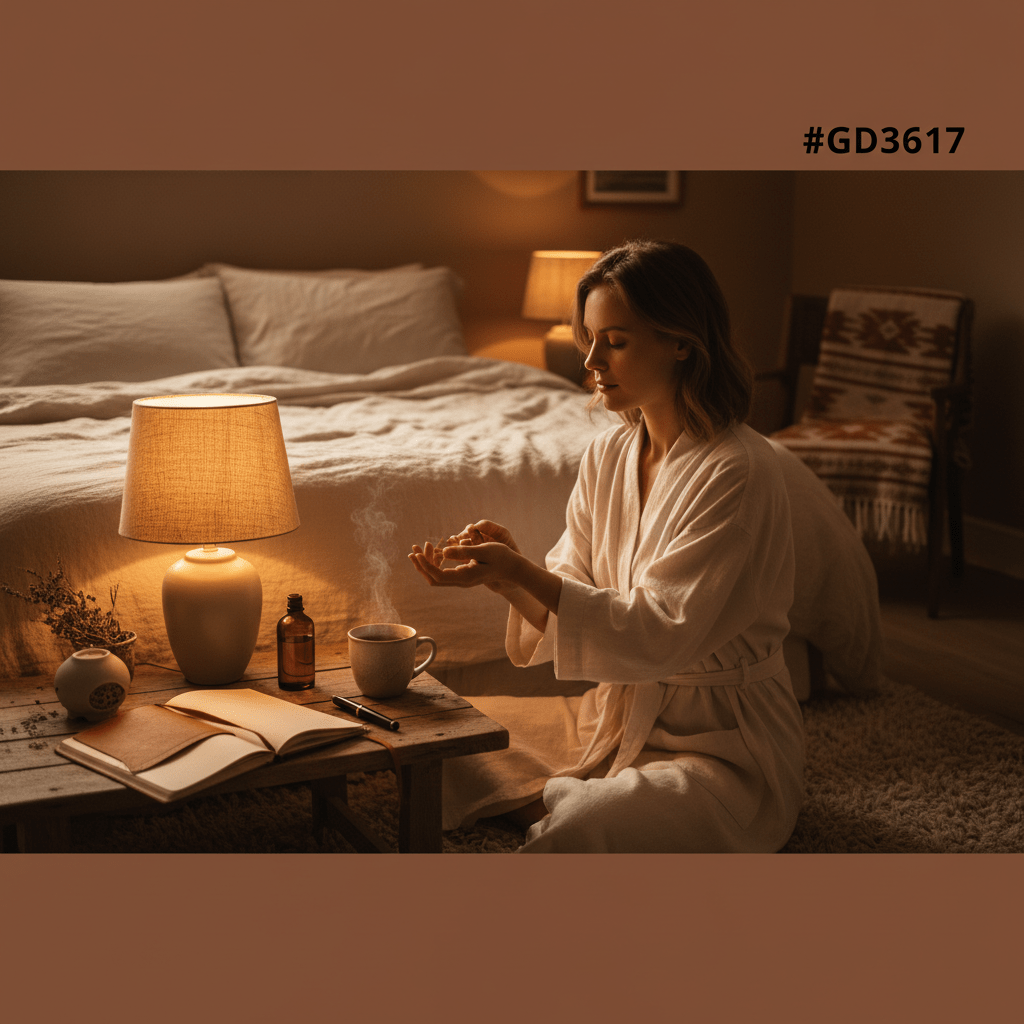 A woman applying calming herbal oil in a warm nighttime self-care routine