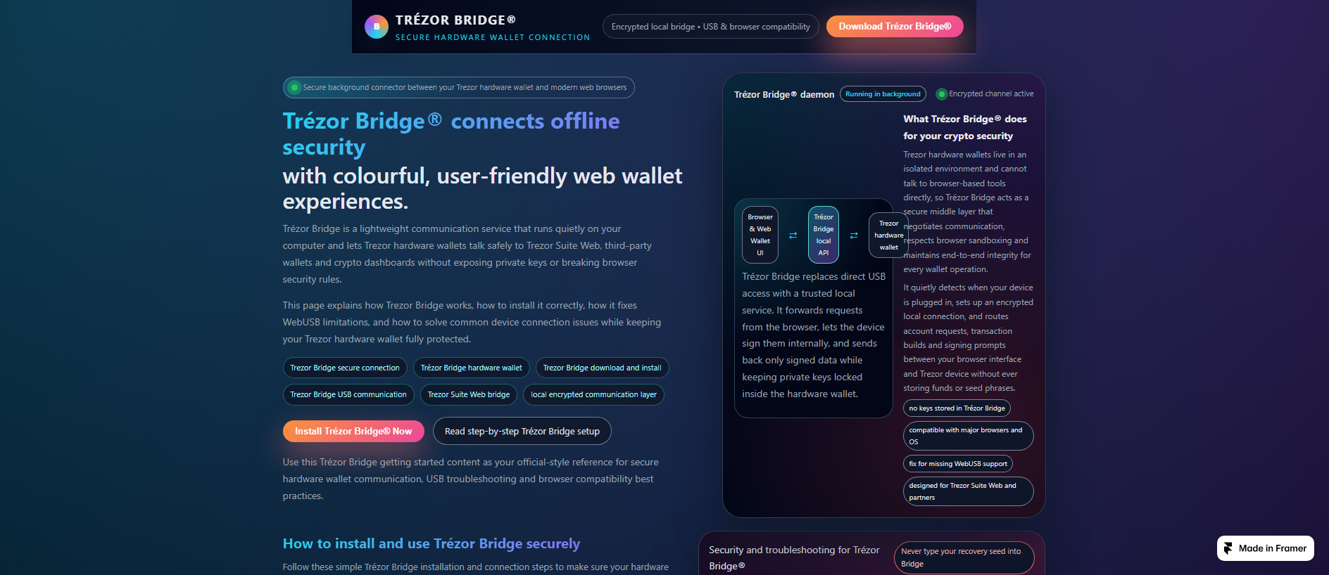 Forensic screenshot of support-trezorbridge.framer.ai showing the phishing page layout