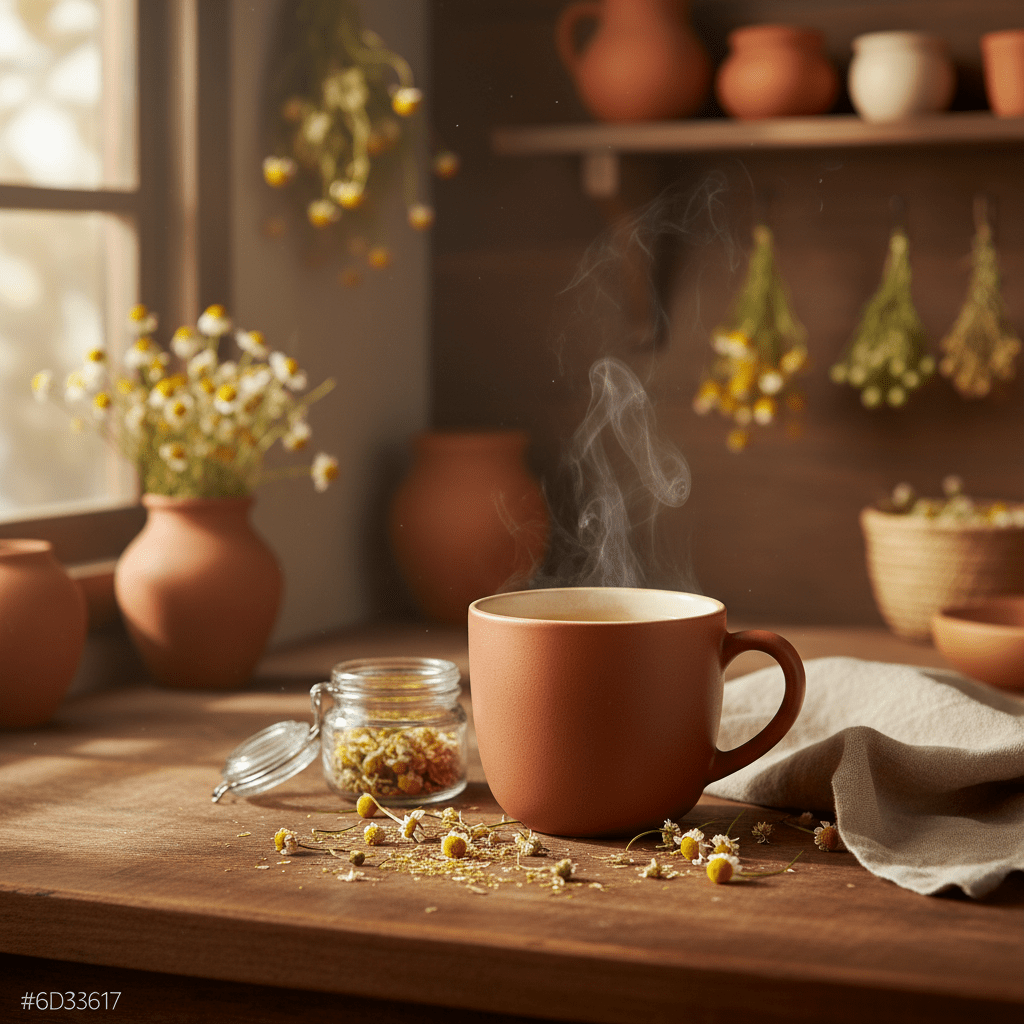 Warm chamomile tea in a cozy kitchen, supporting gentle digestive comfort
