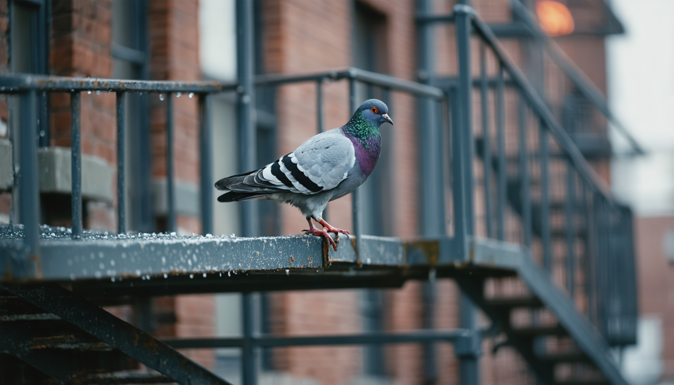 A pigeon mid-hop on a wet metal railing, one foot lifted, urban morning light behind it.