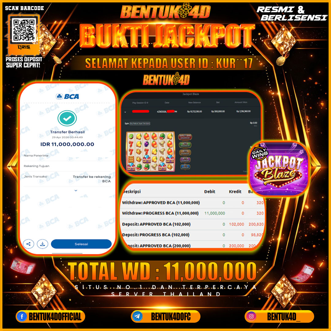 SELAMAT KEPADA USER ID : KUR**17 KEMENANGAN Rp 11,000,000 (JACKPOT BLAZE) DI BENTUK4D