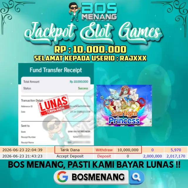 Tanggal 23 JUNI 2026 - JACKPOT SLOT GAMES - Starlight Princess  (Pragmatic Play) Rp 10.000.000,-