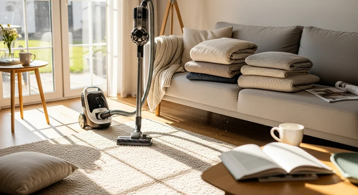 organized living room mid-clean with vacuum on rug, folded blankets on sofa, sunlight through window, realistic home environment, no text in image