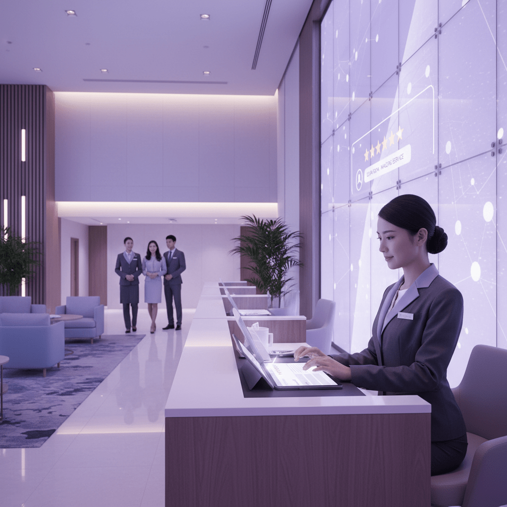 Hotel staff updating rates and availability on a channel manager dashboard, with booking management and calendar view.