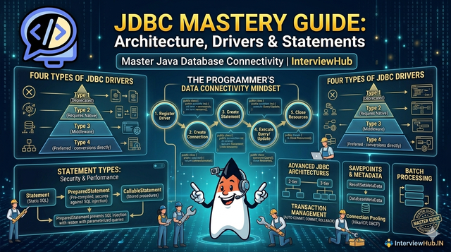 JDBC tutorial and interview questions guide by InterviewHub covering JDBC architecture, JDBC driver types, PreparedStatement vs Statement, transaction management, ResultSet, connection pooling, and Java database connectivity concepts.