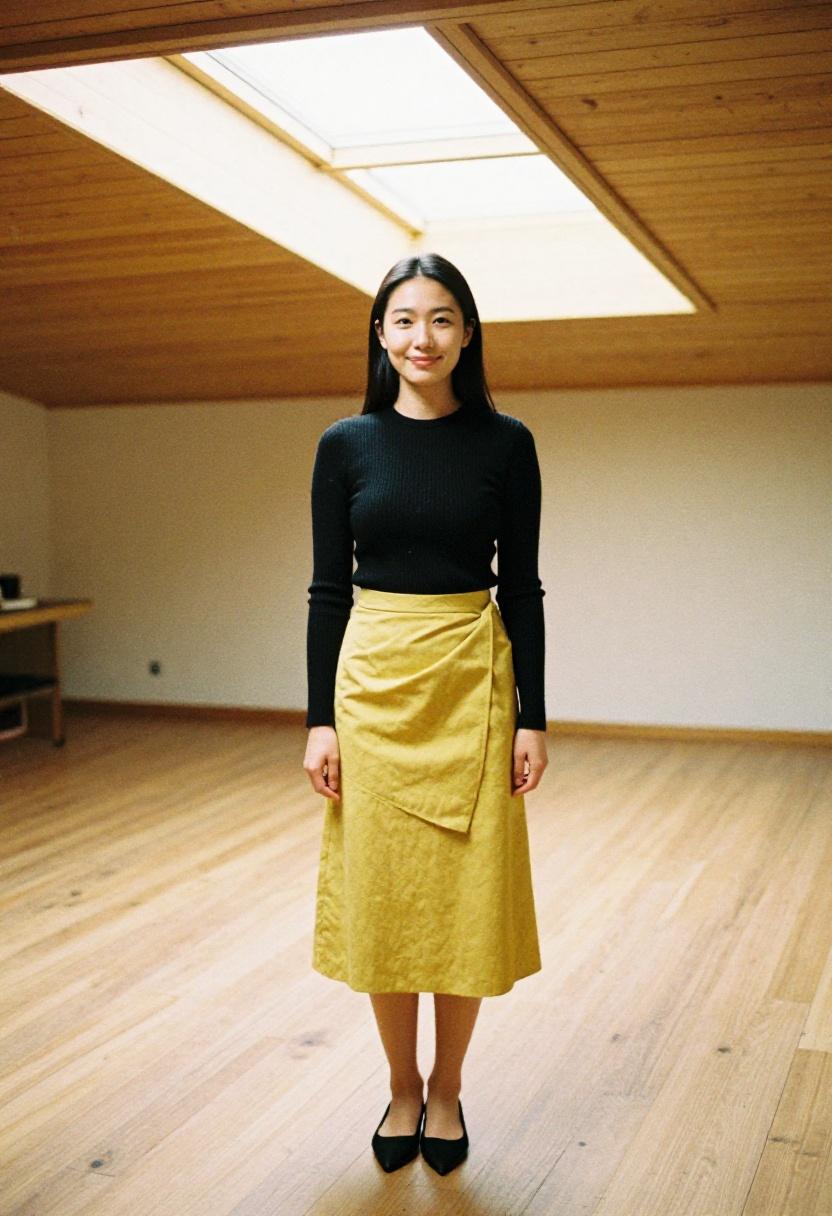 Mustard yellow midi wrap skirt with fitted black top for cooking date