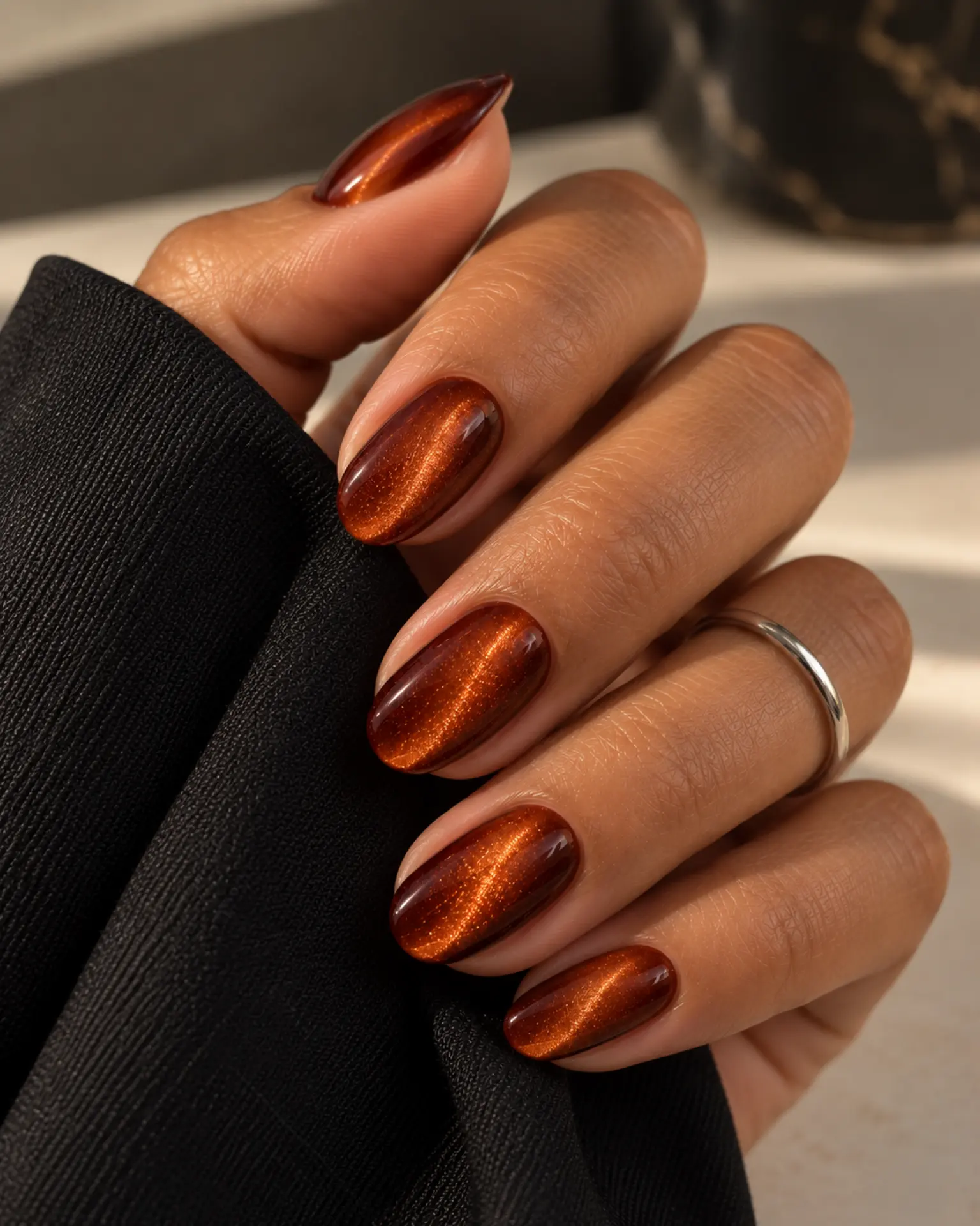 Burnt Orange Velvet Cat-Eye manicure inspiration for halloween nail ideas
