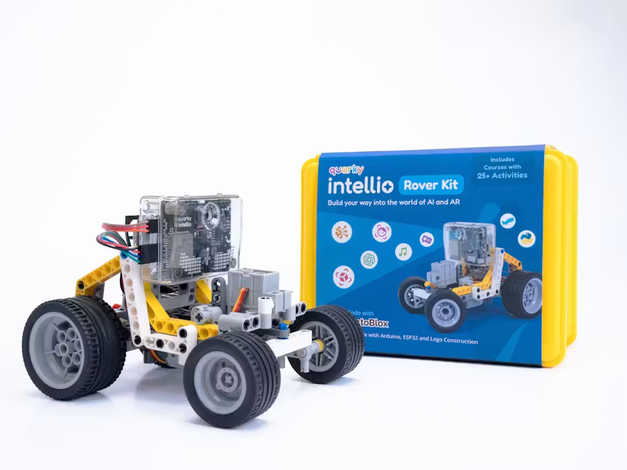 Quarky Intellio Rover Kit — assembled AI rover with yellow kit box showing 25 plus activities